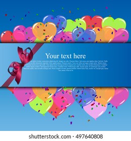 High quality original trendy vector banner with realistic ribbon and place for text on balloons and confetti background