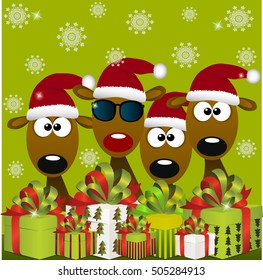 High quality original trendy vector illustration of cool deers with red santa hat and gift boxes, can be used of cards invitations, greetings, web design, merry christmas cards