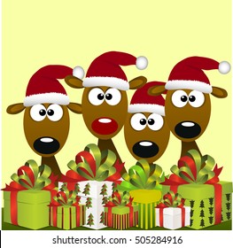 High quality original trendy vector illustration of cool deers with red santa hat and gift boxes, can be used of cards invitations, greetings, web design, merry christmas cards