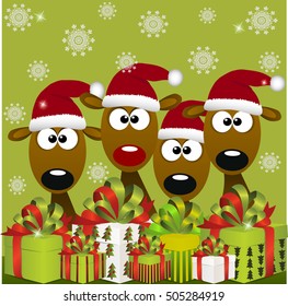 High quality original trendy vector illustration of cool deers with red santa hat and gift boxes, can be used of cards invitations, greetings, web design, merry christmas cards