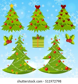 High quality original trendy vector decorated christmas tree on winter background with bokeh, bows and snowflakes