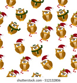 High quality original trendy vector seamless pattern with a cute christmas owl in santa hat and christmas cane lollipop and holly