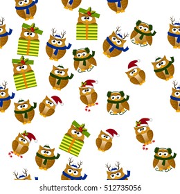 High quality original trendy vector seamless pattern with a cute christmas owl in gift box with holly