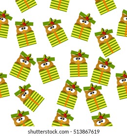 High quality original trendy vector seamless pattern with a cute christmas owl in gift box with holly