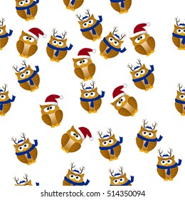 High quality original trendy vector seamless pattern with a cute christmas owl in santa hat and christmas cane lollipop and holly