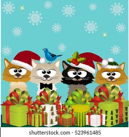 High quality original trendy vector illustration of happy smiling christmas cat with gift boxes on winter blured background