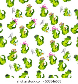 High quality original trendy vector seamless pattern with a cute crocodile or alligator with ribbon