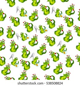 High quality original trendy vector illustration of a cute crocodile or alligator with net and aquarium