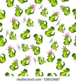 High quality original trendy vector seamless pattern with a cute crocodile or alligator with ribbon
