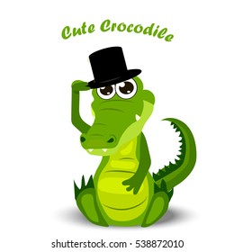 High quality original trendy vector illustration of a cute crocodile or alligator in hat