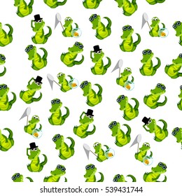 High quality original trendy vector illustration of a cute crocodile or alligator with net and aquarium