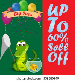 High quality original trendy vector illustration of a cute crocodile or alligator with net and aquarium sale