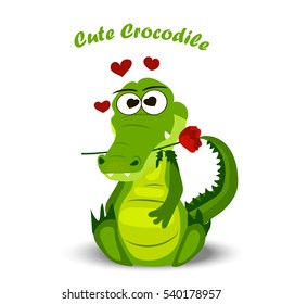 High quality original trendy vector illustration of a cute crocodile or alligator with a rose