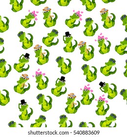 High quality original trendy vector seamless pattern with a cute crocodile or alligator with ribbon
