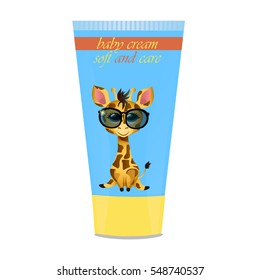 High quality original trendy vector Baby cream tube with kids design and giraffe illustration