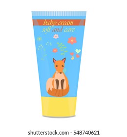 High quality original trendy vector Baby cream tube with kids design and fox on floral background illustration