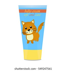 High quality original trendy vector Baby cream tube with kids design and cat illustration