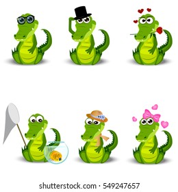 High quality original trendy vector set of a cute crocodile or alligator with net, glasses, hats and aquarium