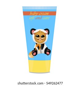 High quality original trendy vector Baby cream tube with kids design and cat in panda suit illustration