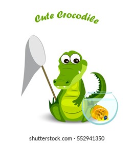 High quality original trendy vector illustration of a cute crocodile or alligator with net and aquarium