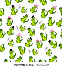 High quality original trendy vector seamless pattern with a cute crocodile or alligator with ribbon