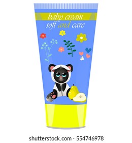 High quality original trendy vector Baby cream tube with kids design and cat in panda suit, pear illustration
