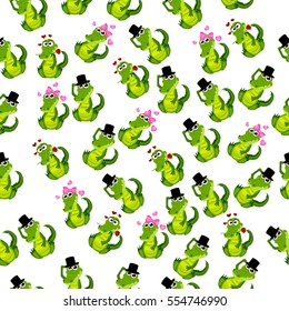 High quality original trendy vector seamless pattern with a cute crocodile or alligator with ribbon