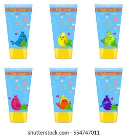 High quality original trendy vector Baby cream tube with kids design and bird, mint illustration