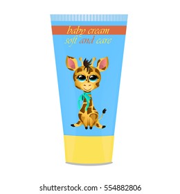 High quality original trendy vector Baby cream tube with kids design and giraffe illustration