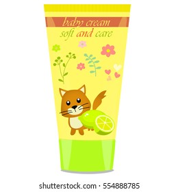 High quality original trendy vector Baby cream tube with kids design and cat illustration