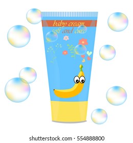 High quality original trendy vector Baby cream tube with kids design and banana on floral background illustration
