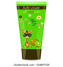 High quality original trendy vector Baby cream tube with kids design and giraffe, kiwi illustration