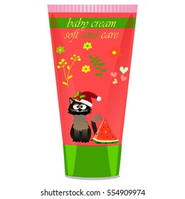 High quality original trendy vector Baby cream tube with kids design and cat, watermelon illustration