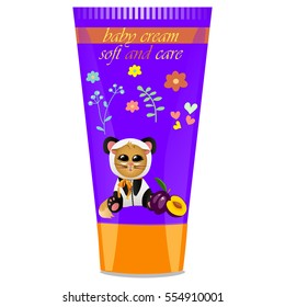 High quality original trendy vector Baby cream tube with kids design and cat in panda suit, plum illustration