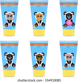 High quality original trendy vector set with Baby cream tube with kids design and cat in panda suit illustration