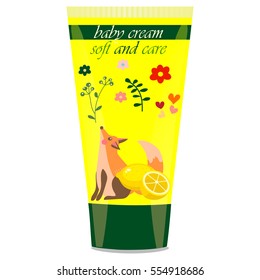 High quality original trendy vector lemon Baby cream tube with kids design and fox on floral background illustration