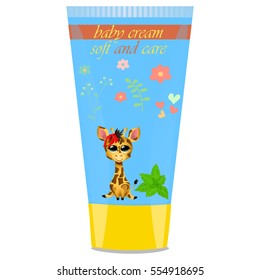 High quality original trendy vector Baby cream tube with kids design and giraffe, mint illustration