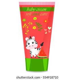 High quality original trendy vector Baby cream tube with kids design and zebra illustration