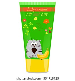 High quality original trendy vector Baby cream tube with kids design and cat, banana illustration
