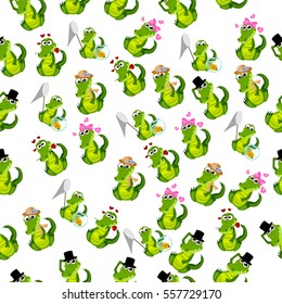 High quality original trendy vector seamless pattern with a cute crocodile or alligator with ribbon