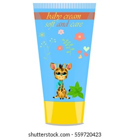 High quality original trendy vector Baby cream tube with kids design and giraffe, illustration