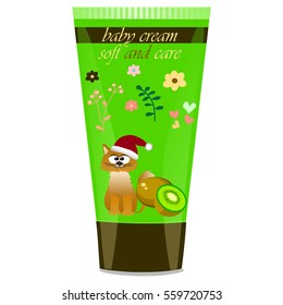 High quality original trendy vector Baby cream tube with kids design and cat, kiwi illustration