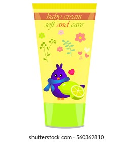 High quality original trendy vector Baby cream tube with kids design and bird, lime illustration