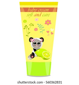 High quality original trendy vector Baby cream tube with kids design and cat in panda suit, lime illustration