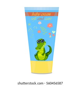 High quality original trendy vector Baby cream tube with kids design and crocodile or alligator on floral background illustration