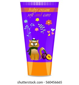 High quality original trendy vector Baby cream tube with kids design and cat, plum illustration