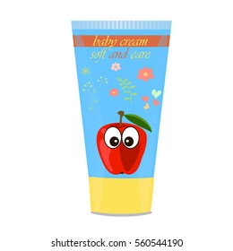 High quality original trendy vector Baby cream tube with kids design and apple on floral background illustration