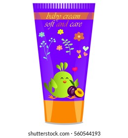 High quality original trendy vector Baby cream tube with kids design and bird, plum illustration