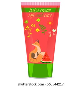 High quality original trendy vector watermelon Baby cream tube with kids design and fox on floral background illustration