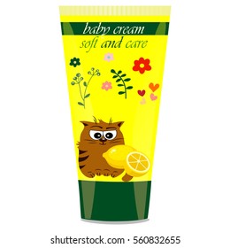 High quality original trendy vector Baby cream tube with kids design and cat, lemon illustration